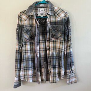 ROAR Buckle Plaid‎ Shirt Rhinestone Grey Black Brown Small Western Embellished